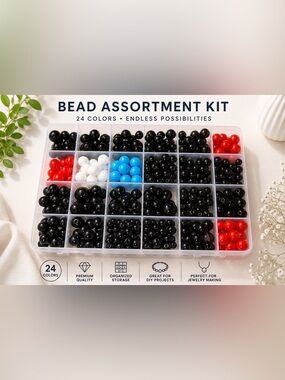 Bead Assortment Kit - Black, Red, White, Blue Beads for Women Jewelry Bracelets